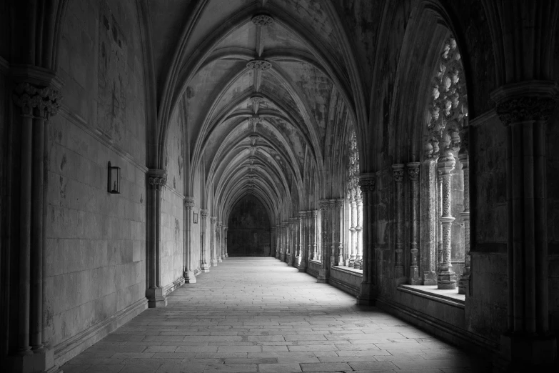 the long hallway in a very dark castle