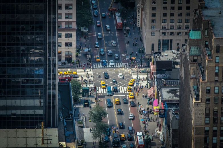 an aerial view of a city intersection in new york