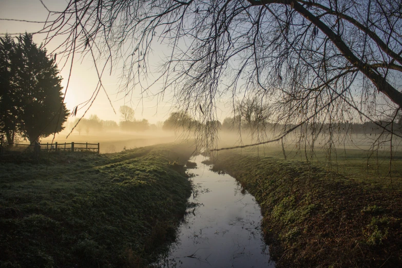 fog hangs over a small stream running through an open field