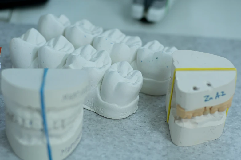 teeth made from plastic are displayed on the counter