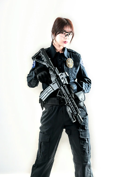 a woman is dressed in a police uniform, holding a rifle and a gun