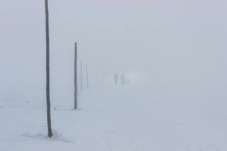 a group of people walking down a snow covered road