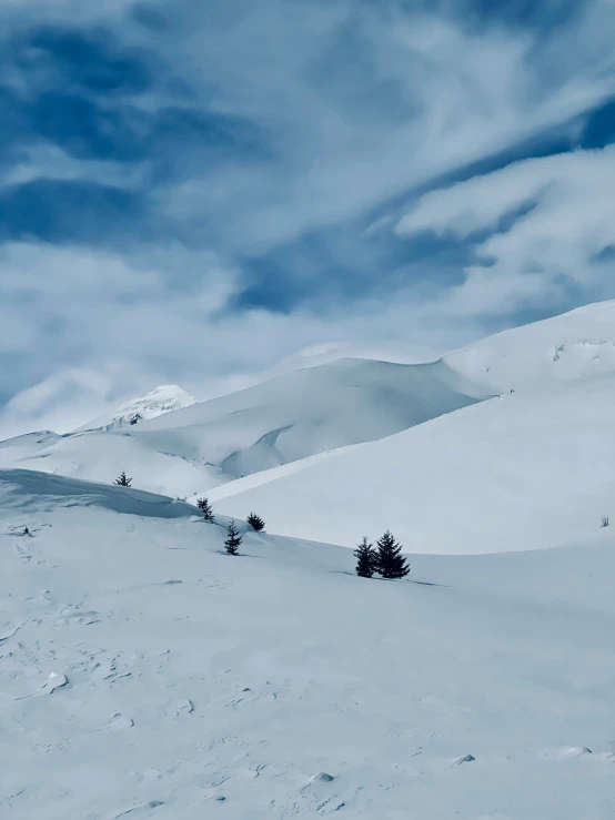 snowy mountain with some trees on it under cloudy sky