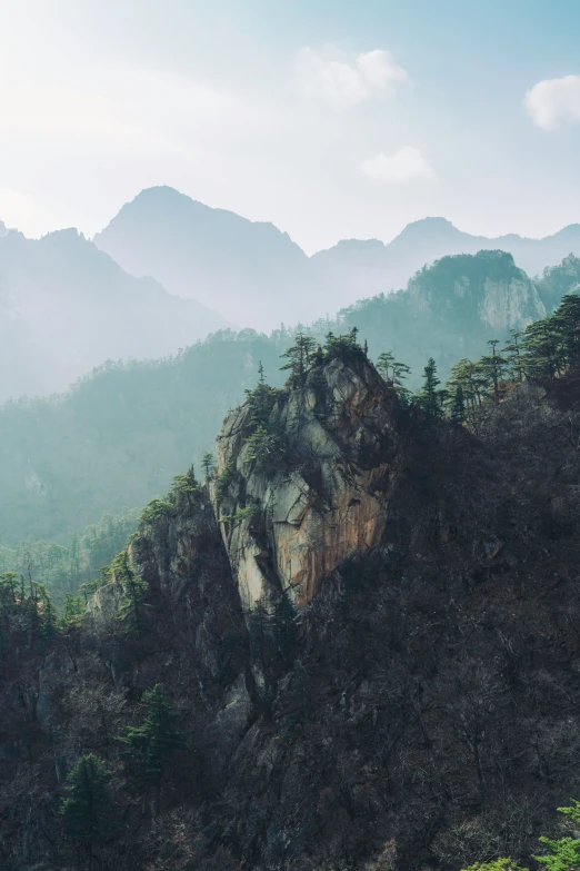 an old cliff is covered with green trees and rocky mountains