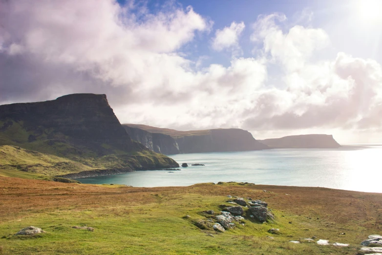 the view of a sea coast with sheep grazing by the water