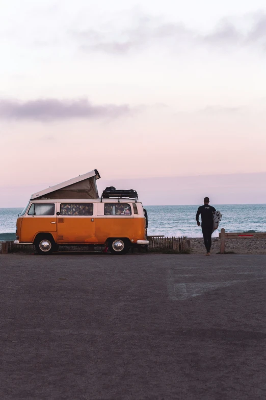 the old vw bus has its roof down