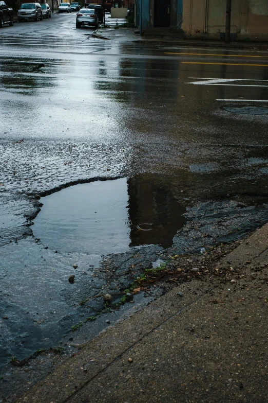 a large dle of water next to some parking meters