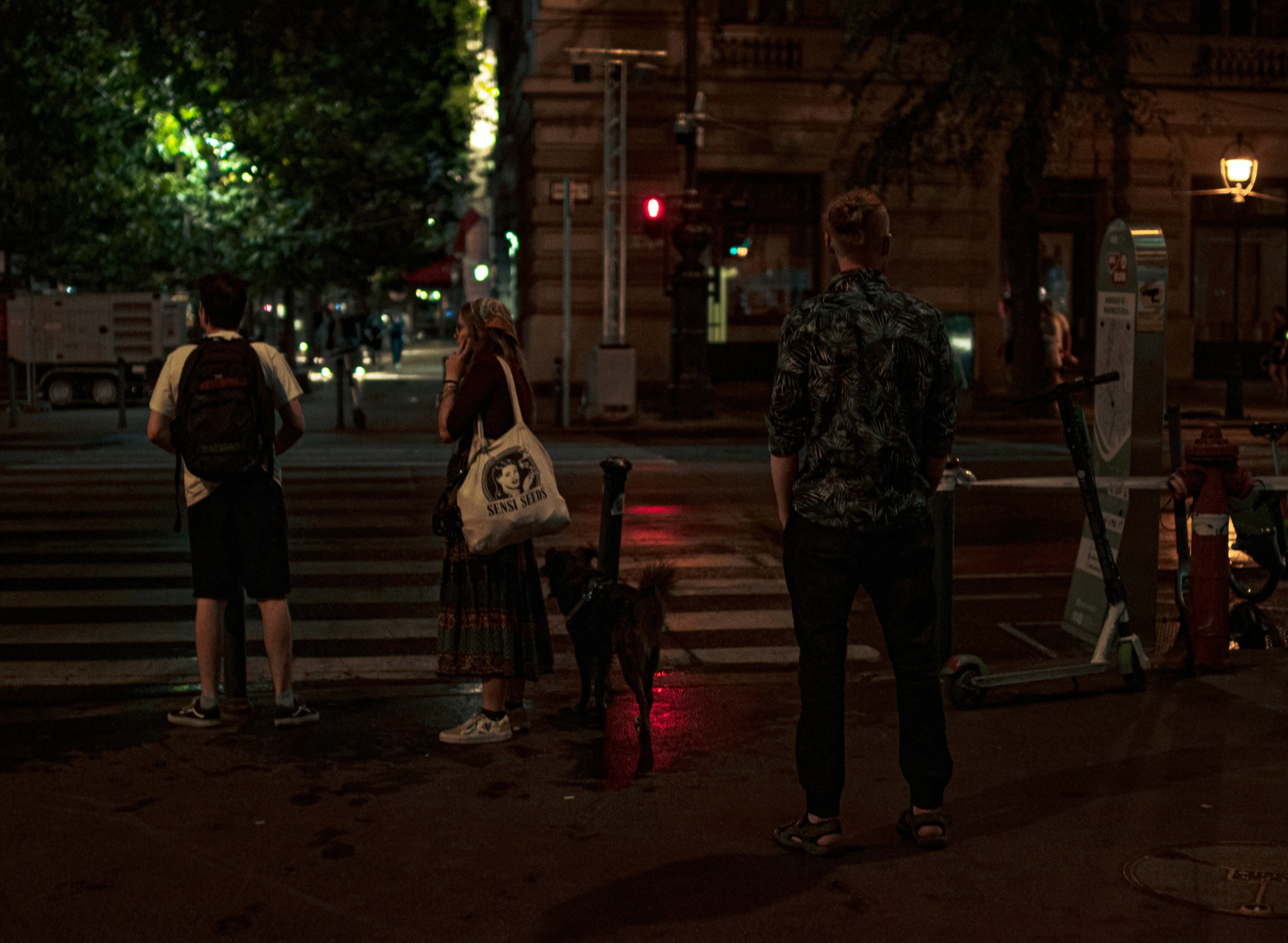 several people standing on the side of the road at night