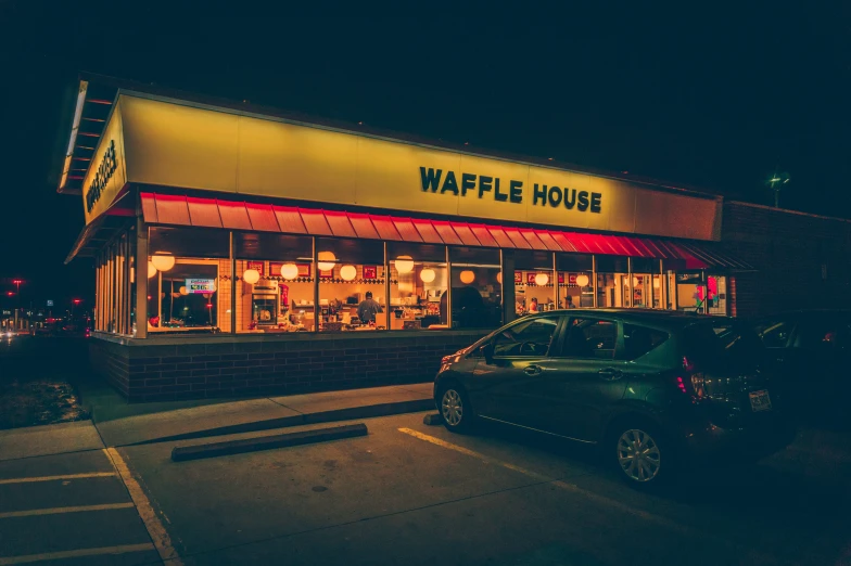 a storefront at night with lights on, two cars parked outside