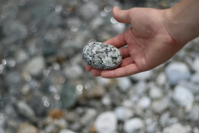 a person holding a stone in their hand with water in the background