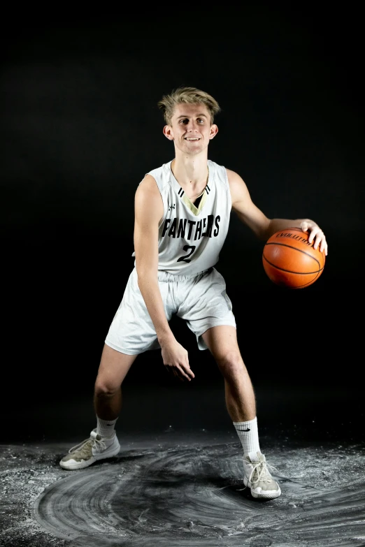 a basketball player standing with the ball in his hands