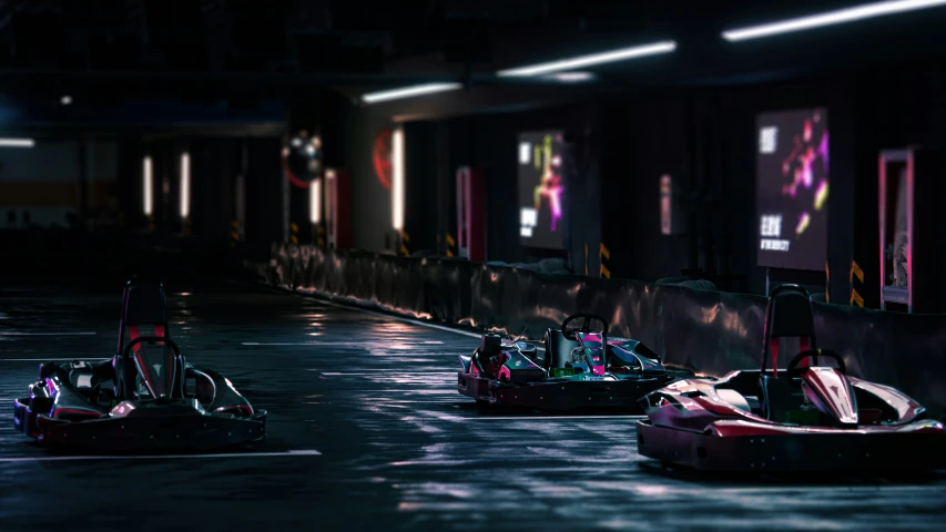 two s are driving kart cars down a city street at night