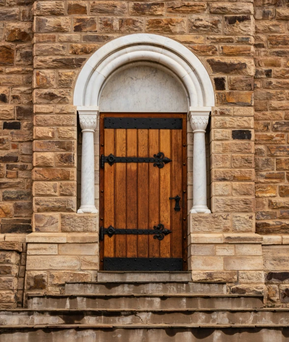 there is a brown door and arch on this building