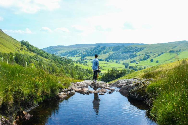 a person standing on a stream in the mountains