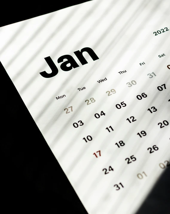 a black and white calendar with the word jan on it