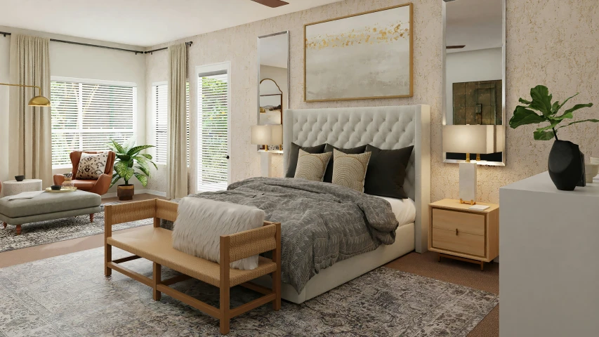 the bedroom has a large bed and a modern furniture