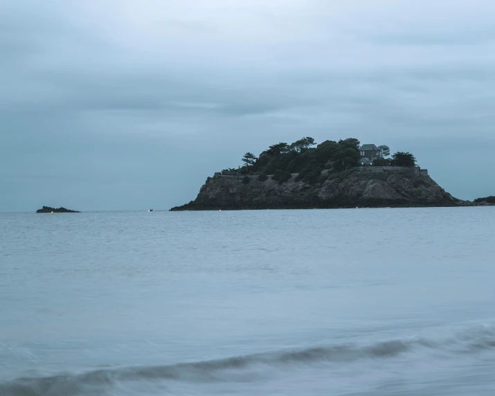 two rocks and small trees on a hill overlooking the ocean