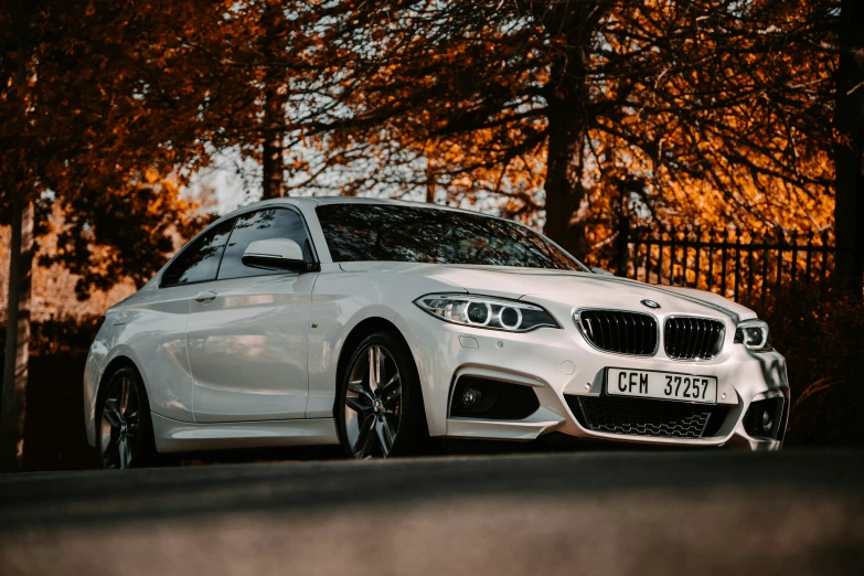 a white bmw car sitting in front of some trees