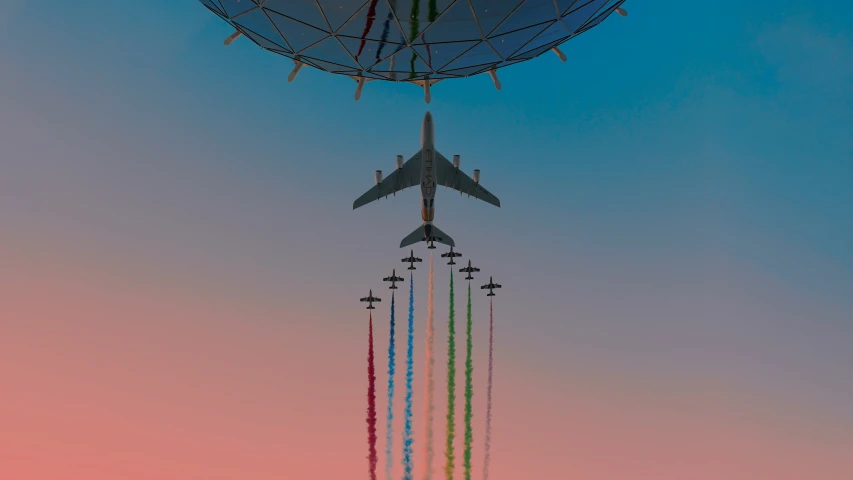 a large jetliner flying through the air with multi colored smoke trails