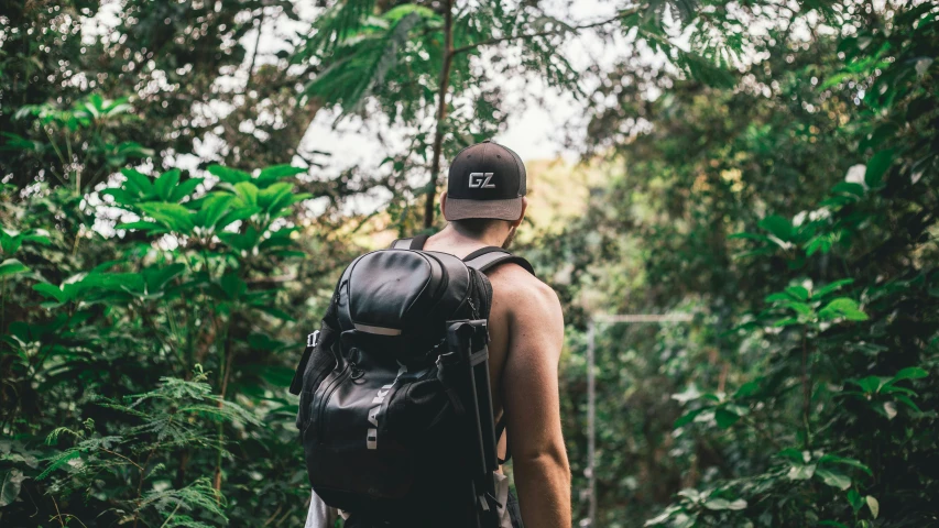 a person with a backpack on walking through a forest