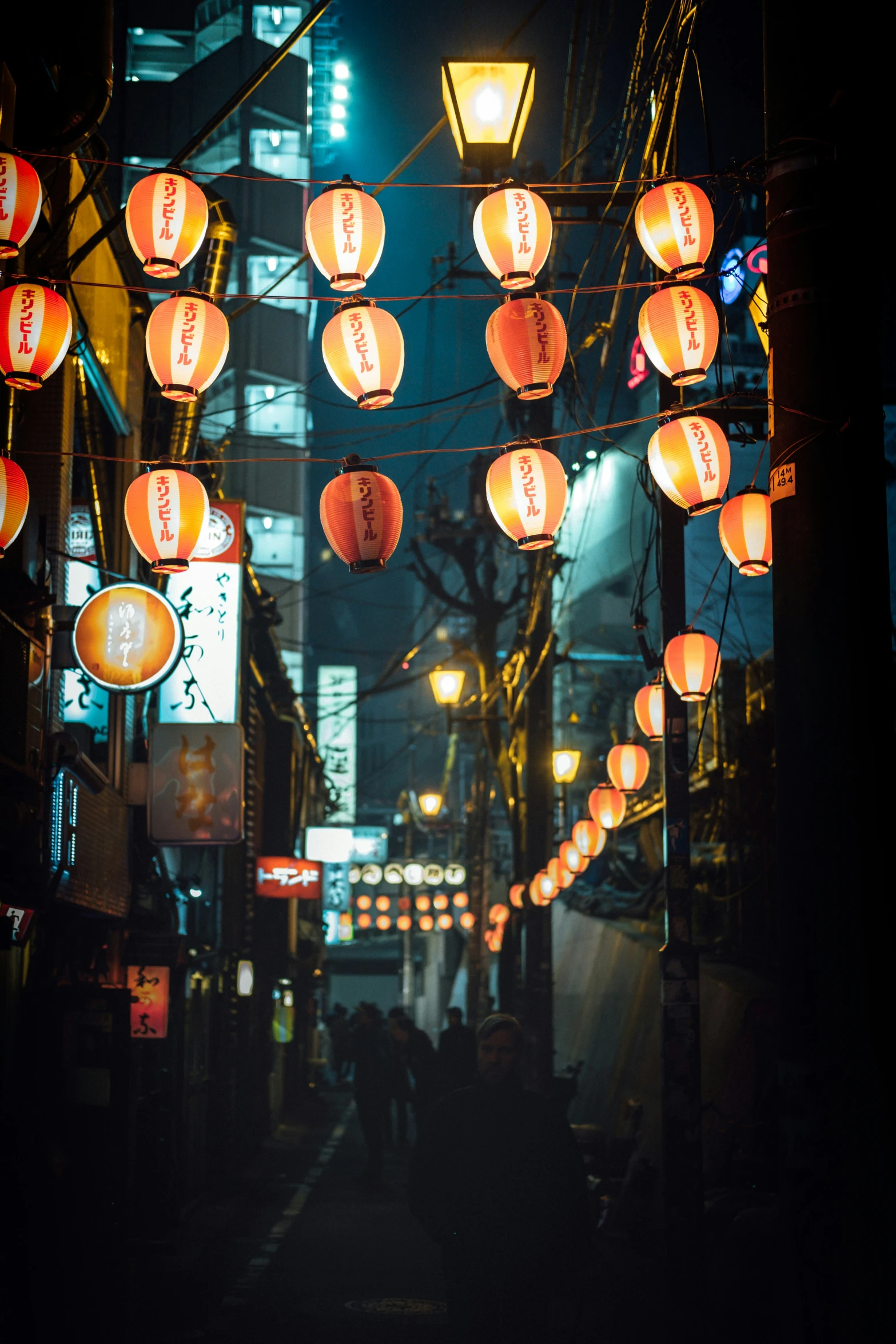 an oriental street at night with paper lanterns