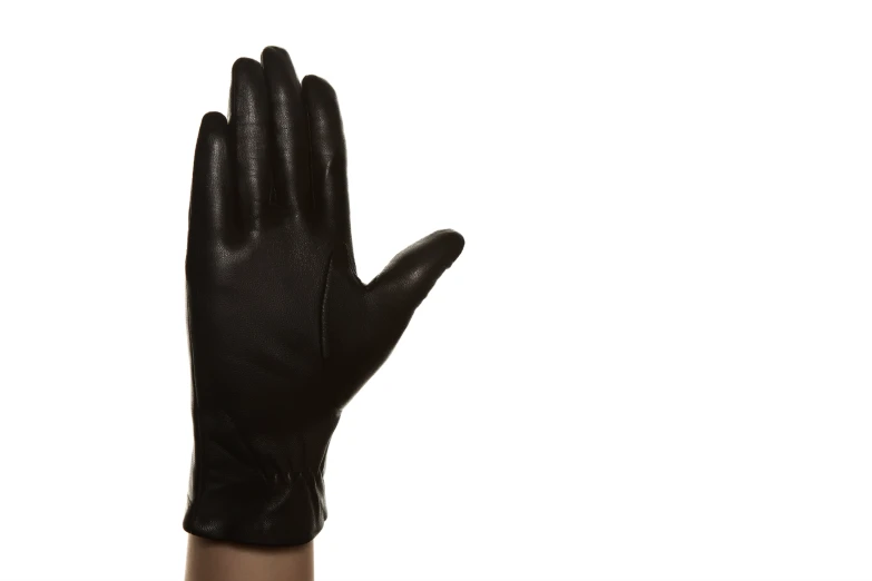 a hand in black leather is shown with a white background