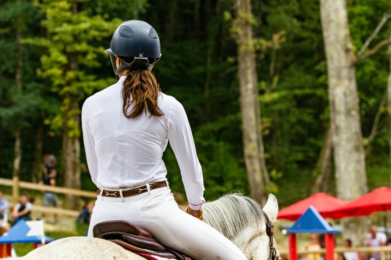 a person in riding gear riding a horse