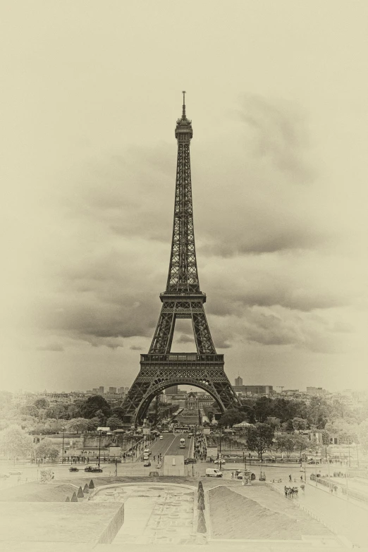 the eiffel tower stands tall and in black and white