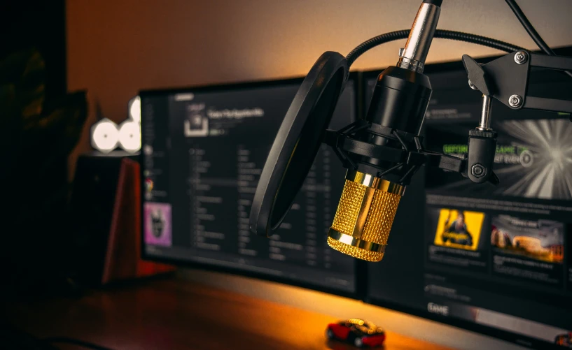 a microphone on a table with other electronic equipment