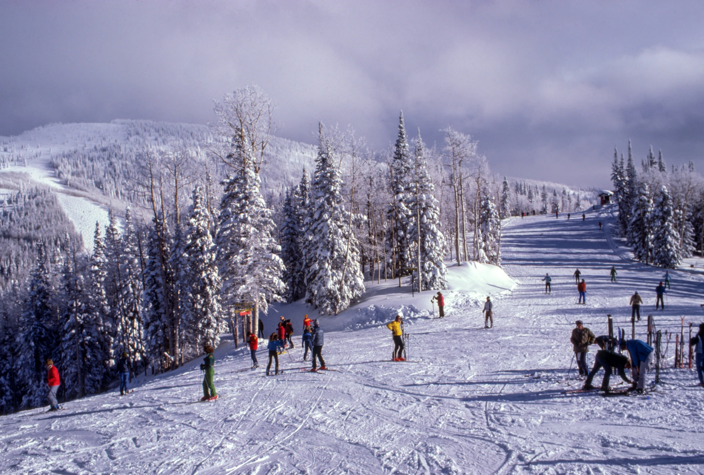 skiers and snowboarders standing on the side of a snowy hill