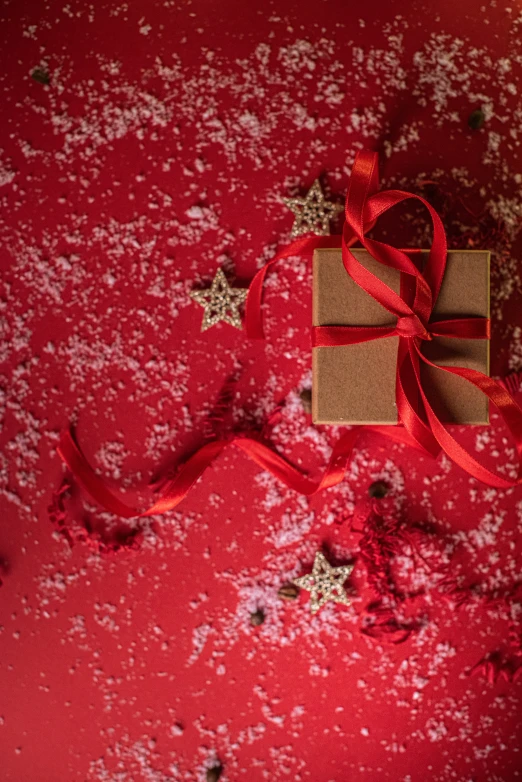 small gift box wrapped in brown paper with a red ribbon tied around it