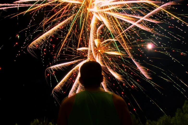 a girl standing in front of fireworks during a nighttime event