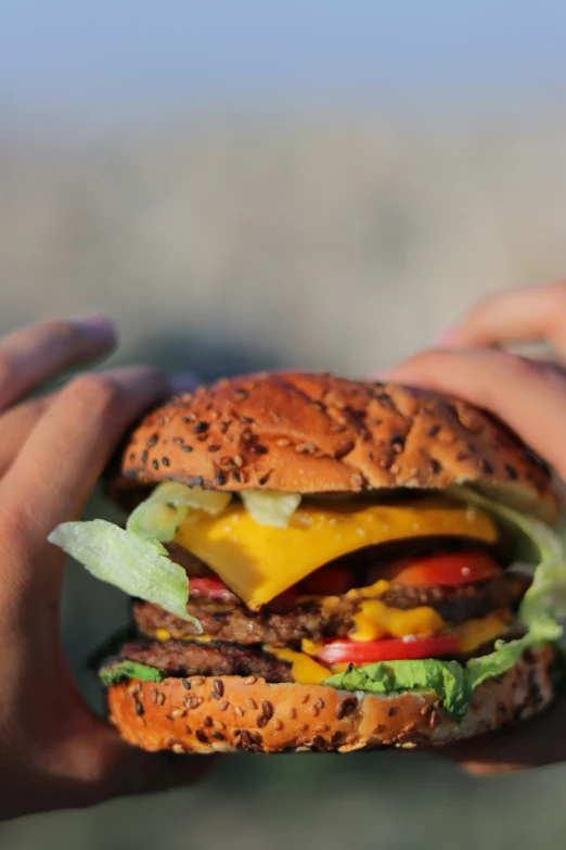 two hands hold a black bun with a burger inside