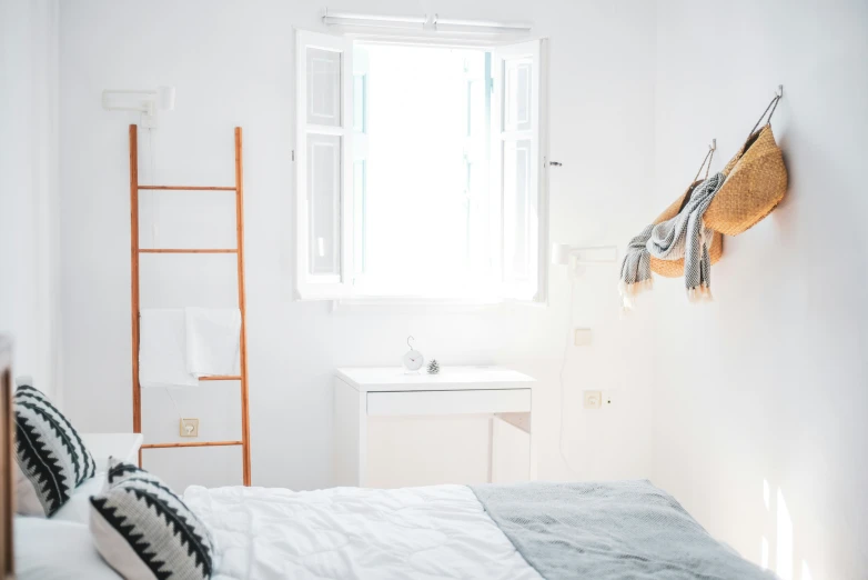 an empty bedroom has a ladder by the bed