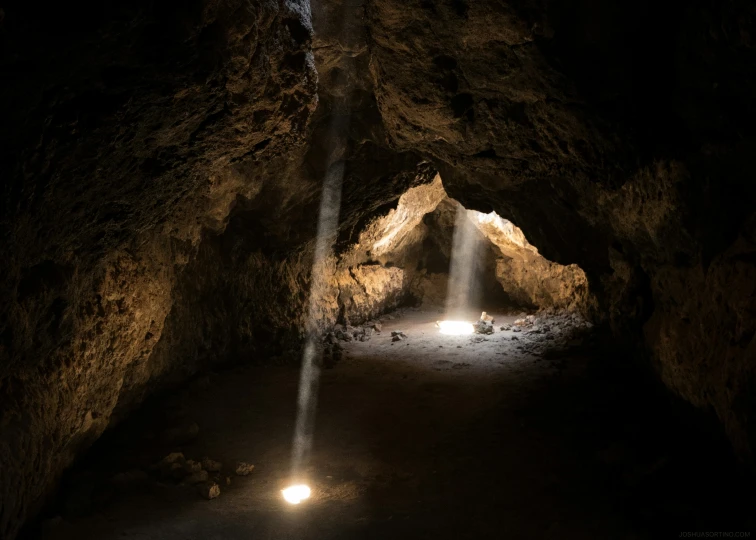 the lights are glowing from the light sources in the cave