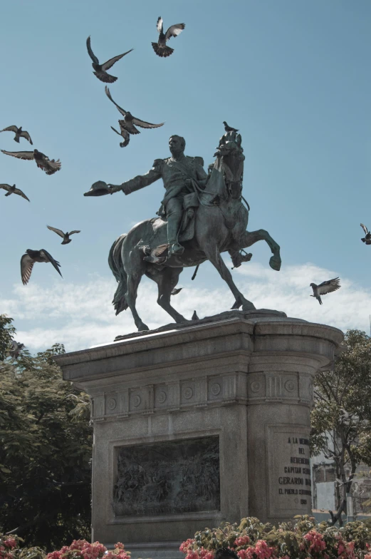 the bird flies by a statue of a man riding a horse