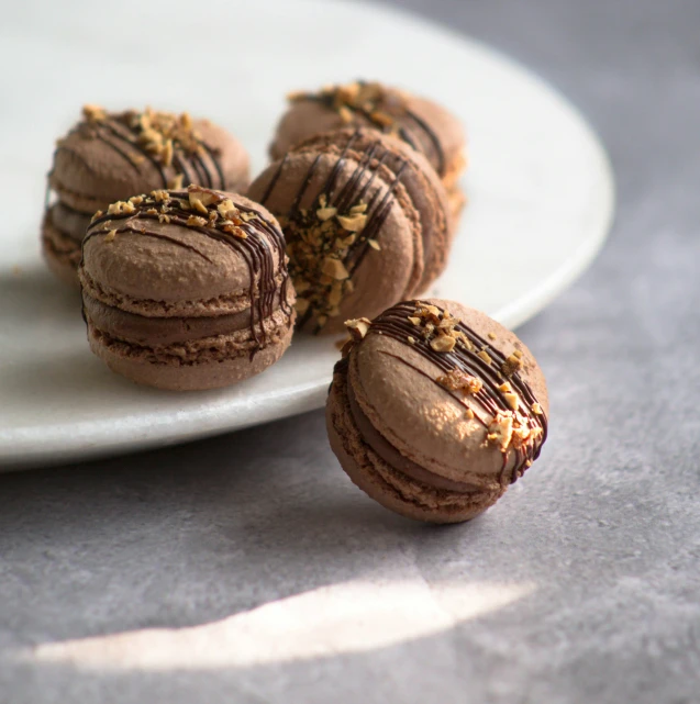 three chocolate and walnut decorated doughnuts on a plate