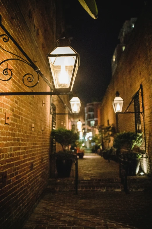 street lamps on a building at night