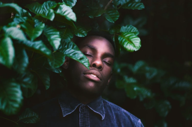 a man has his face hidden in the foliage