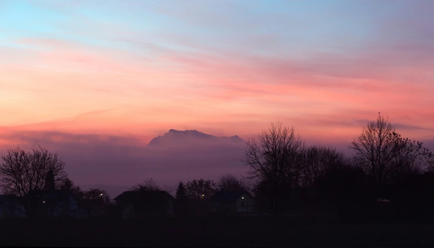 the clouds have a pink ting and blue sky behind trees