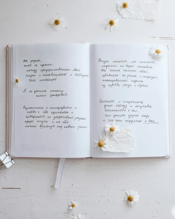 an open notebook with hand written notes and dried flowers