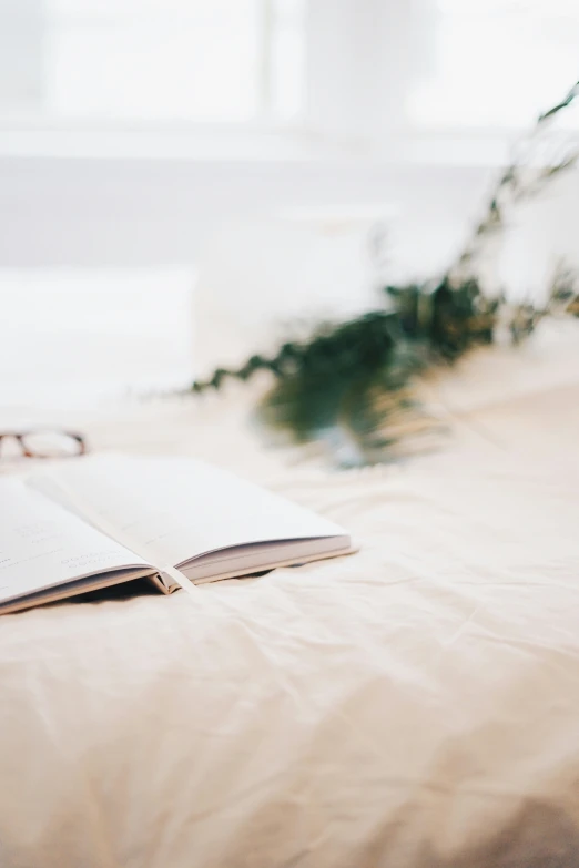 book resting on a bed with glasses on it