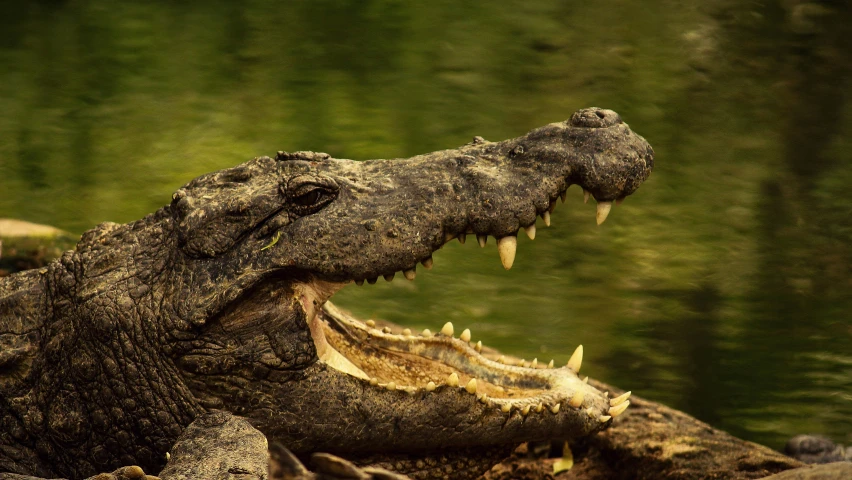 an alligator is taking a bite out of his mouth