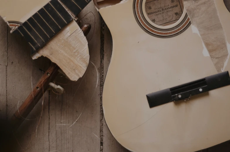 a closeup of the top of a guitar on a wooden floor