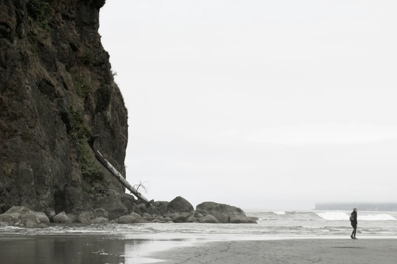 a person standing on a beach near a cliff