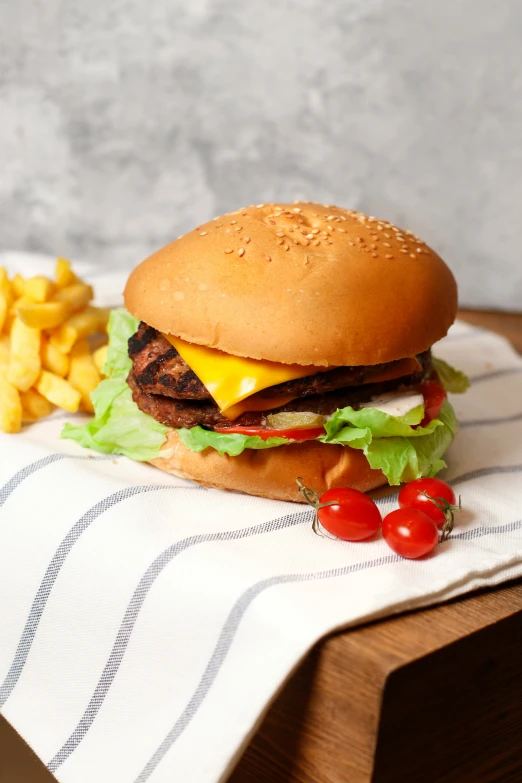 a grilled cheeseburger and fries are on a napkin