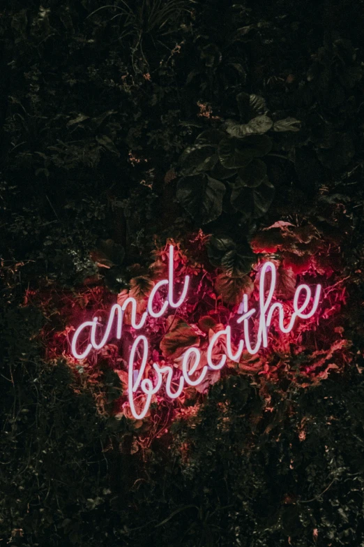 neon sign that reads and breathe