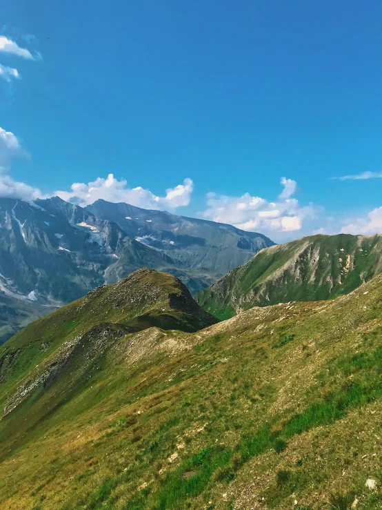 a man standing on top of a lush green hillside