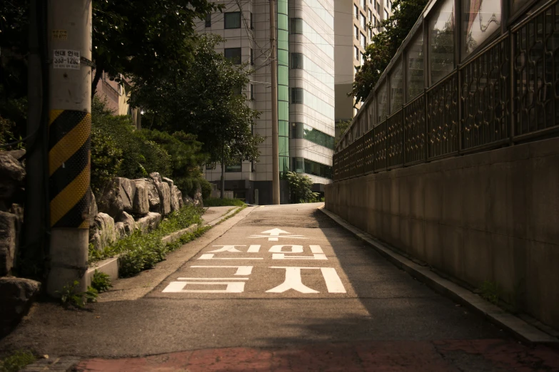 an asian style sign painted on the sidewalk of a building