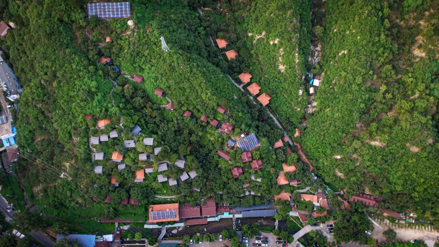 an aerial view of houses and land surrounded by trees